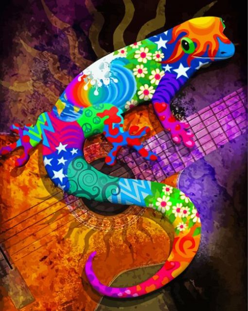 Colorful Gecko On Guitar Diamond Paintings