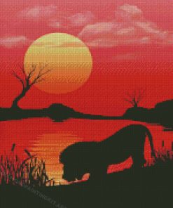 Lion Silhouette By Lake Diamond Paintings