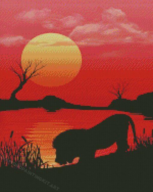 Lion Silhouette By Lake Diamond Paintings