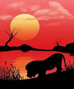 Lion Silhouette By Lake Diamond Paintings