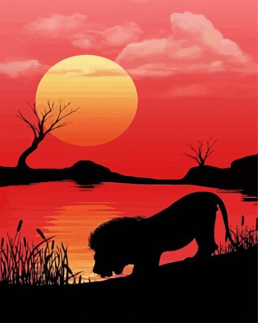 Lion Silhouette By Lake Diamond Paintings