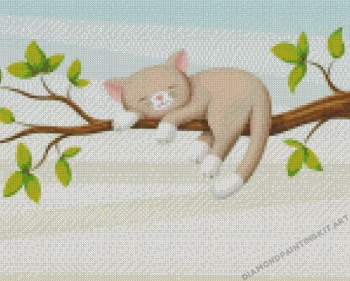 Sleepy Cat On Branch Of A Tree Diamond Painting