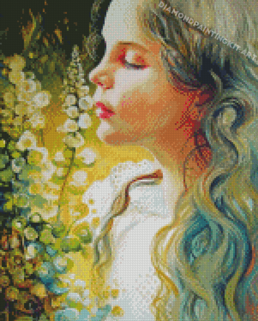 Cute Lady Smells Flowers Diamond Paintings