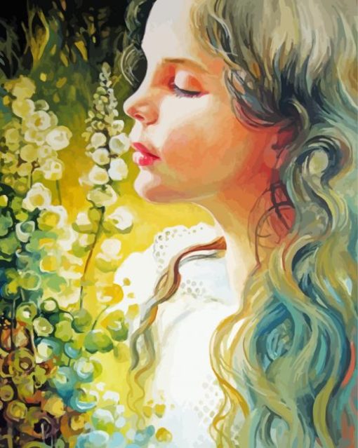 Cute Lady Smells Flowers Diamond Paintings