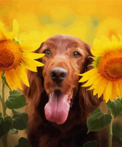 Funny Dog With Sunflowers Diamond Paintings