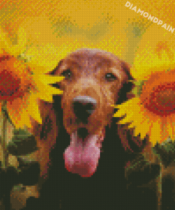 Funny Dog With Sunflowers Diamond Paintings