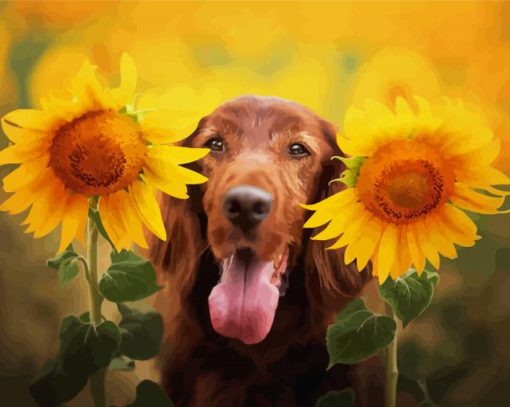 Funny Dog With Sunflowers Diamond Paintings