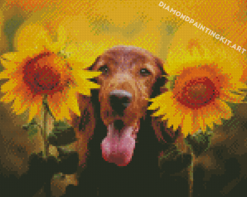 Funny Dog With Sunflowers Diamond Paintings