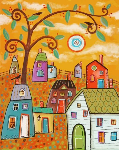 Houses And Tree Branches Diamond Paintings