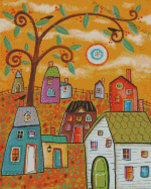 Houses And Tree Branches Diamond Paintings