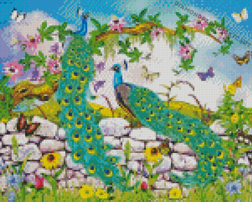 Peacock Couple And Butterflies Diamond Paintings