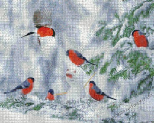 Snowman And Orange Birds Diamond Paintings