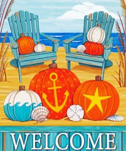 Beach And Pumpkins Poster Diamond Paintings