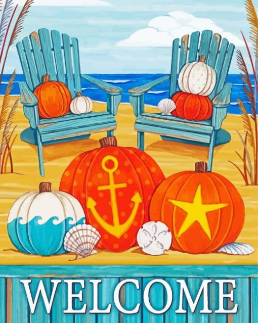 Beach And Pumpkins Poster Diamond Paintings