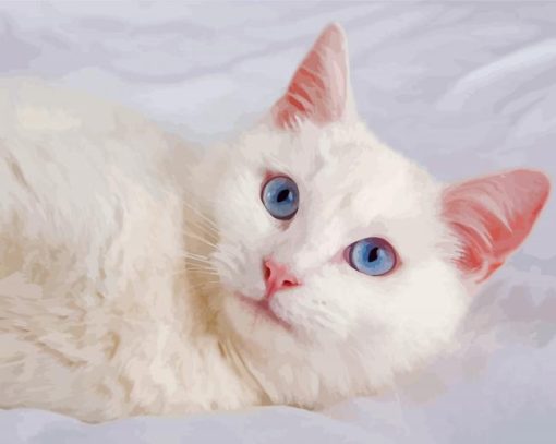 Beautiful White Cat With Blue Eyes On Bed Diamond Paintings