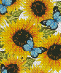 Blue Butterflies On Sunflowers Diamond Paintings