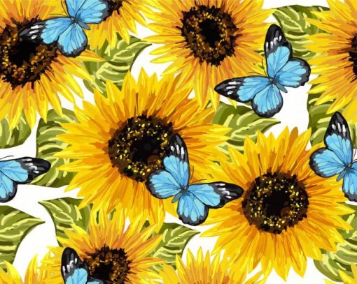 Blue Butterflies On Sunflowers Diamond Paintings