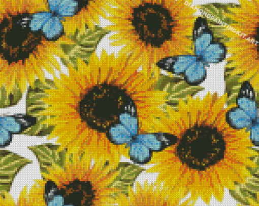 Blue Butterflies On Sunflowers Diamond Paintings