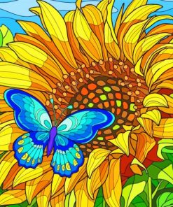 Blue Butterfly On Sunflower Art Diamond Paintings