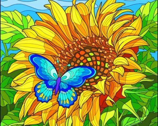 Blue Butterfly On Sunflower Art Diamond Paintings