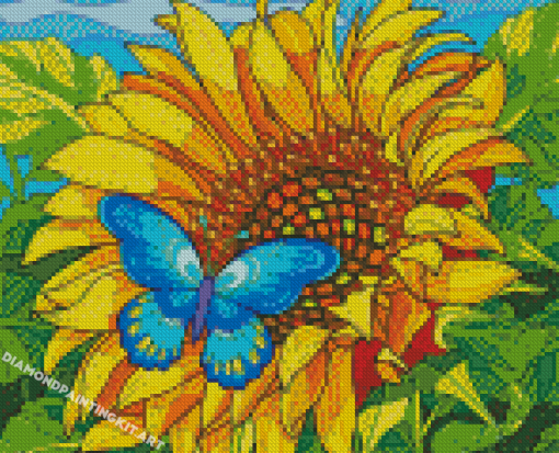 Blue Butterfly On Sunflower Art Diamond Paintings