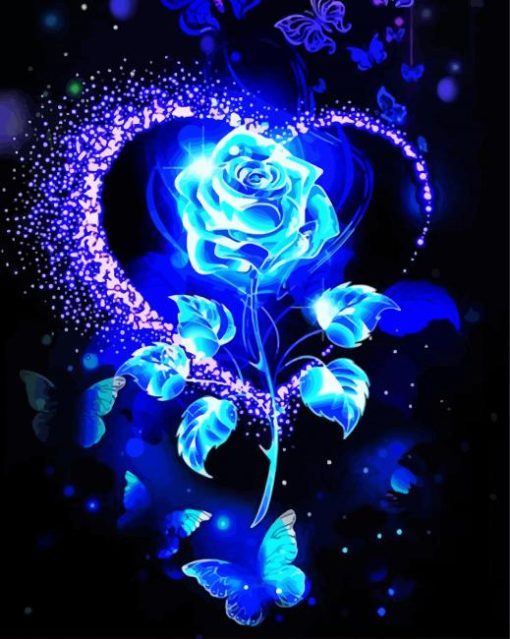 Blue Glowing Rose And Butterflies Diamond Paintings