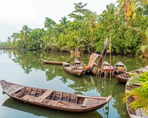 Boats In Mekong Delta River Diamond Paintings