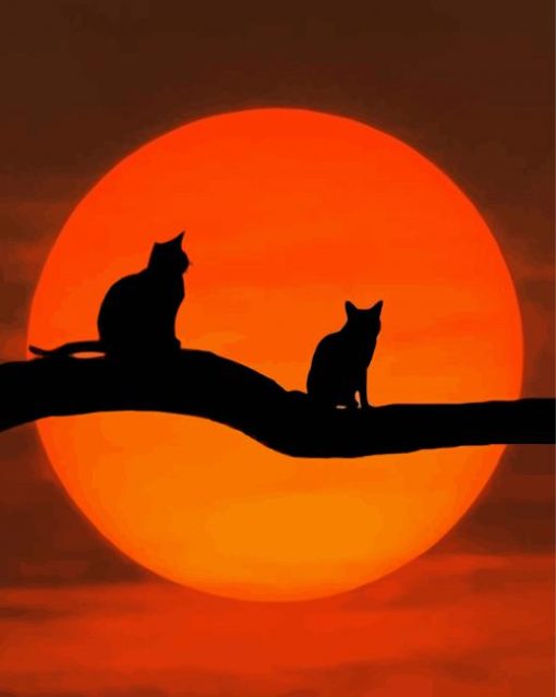 Cats Sitting On Branch Of Tree Silhouette Diamond Paintings