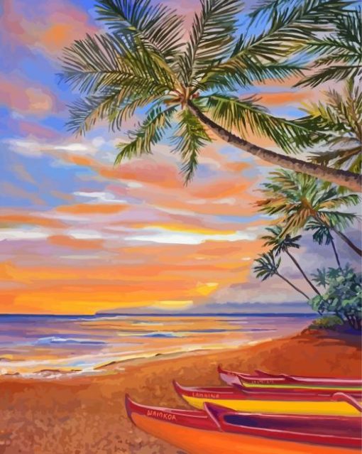 Hawaiian Beach And Canoe Diamond Paintings