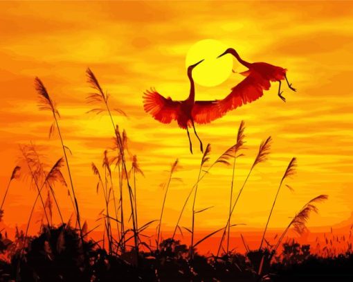 Herons Flying At Sunset Diamond Paintings