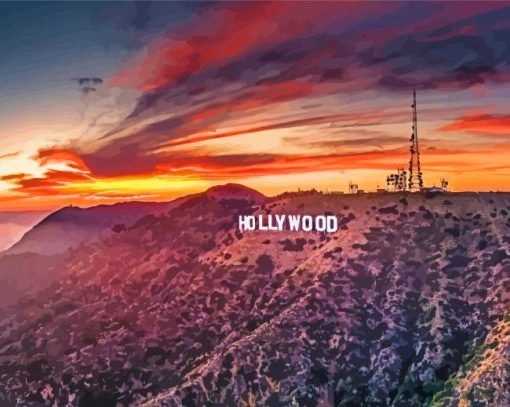 Hollywood Sign With Sunset Landscape Diamond Paintings