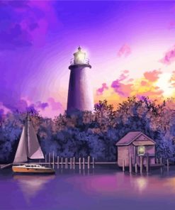 Purple Sunset Ocracoke Lighthouse Diamond Paintings