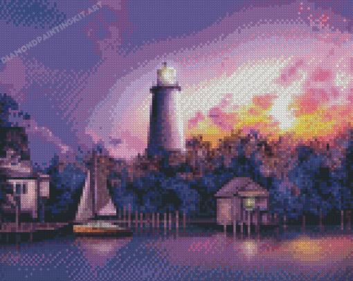 Purple Sunset Ocracoke Lighthouse Diamond Paintings