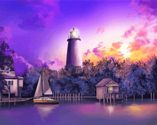 Purple Sunset Ocracoke Lighthouse Diamond Paintings