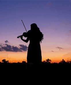 Sunset Silhouette Of Woman Playing Violin Diamond Paintings