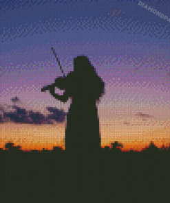 Sunset Silhouette Of Woman Playing Violin Diamond Paintings