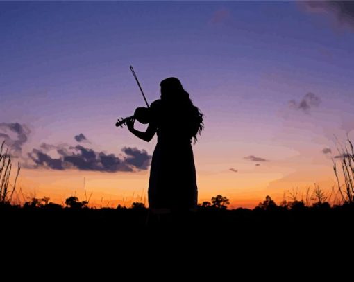 Sunset Silhouette Of Woman Playing Violin Diamond Paintings