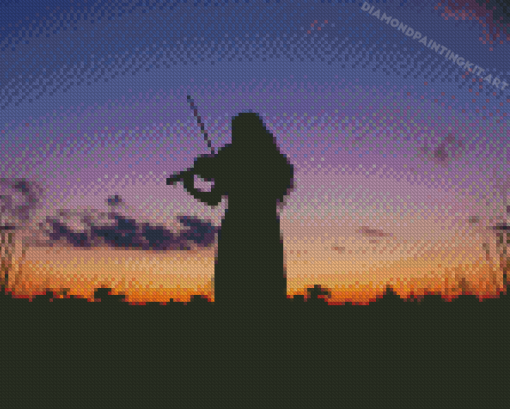 Sunset Silhouette Of Woman Playing Violin Diamond Paintings