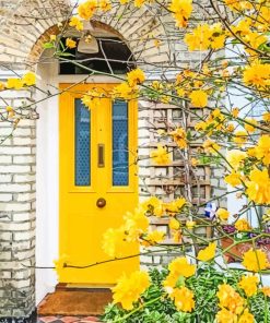 Yellow Door With Flowers Diamond Paintings