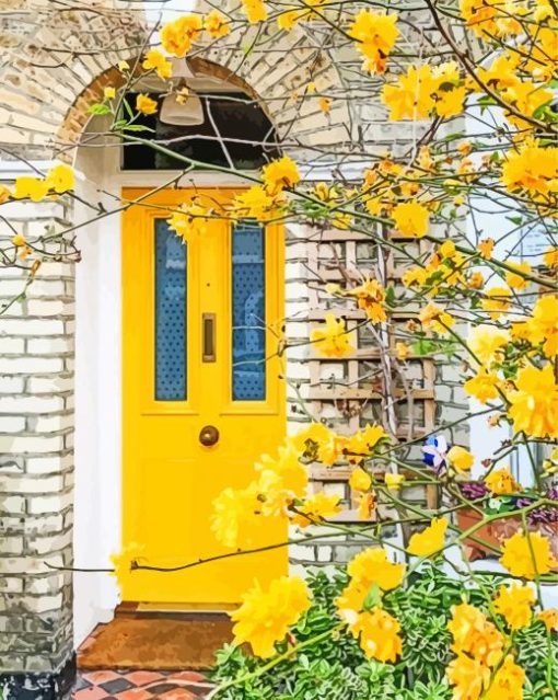 Yellow Door With Flowers Diamond Paintings