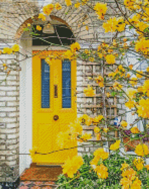 Yellow Door With Flowers Diamond Paintings