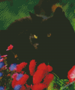 Black Cat With Red Flowers Diamond Paintings