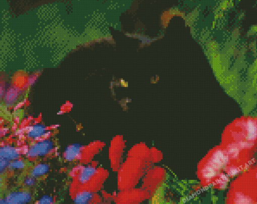 Black Cat With Red Flowers Diamond Paintings