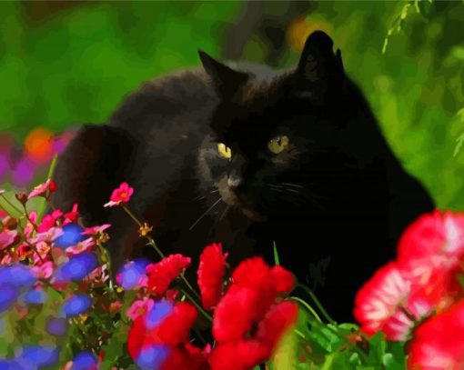 Black Cat With Red Flowers Diamond Paintings