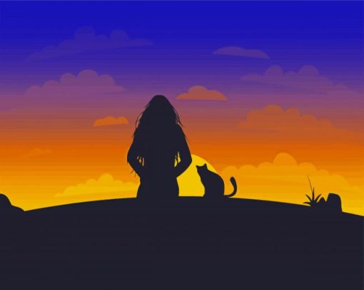 Cool Cat And Girl Sillouette Diamond Paintings