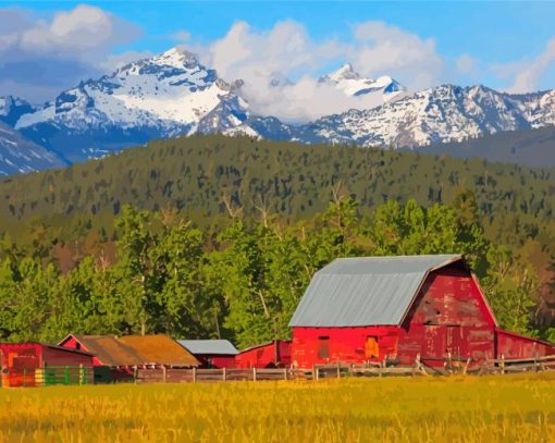 Cool Montana Mountains With Barn Diamond Paintings