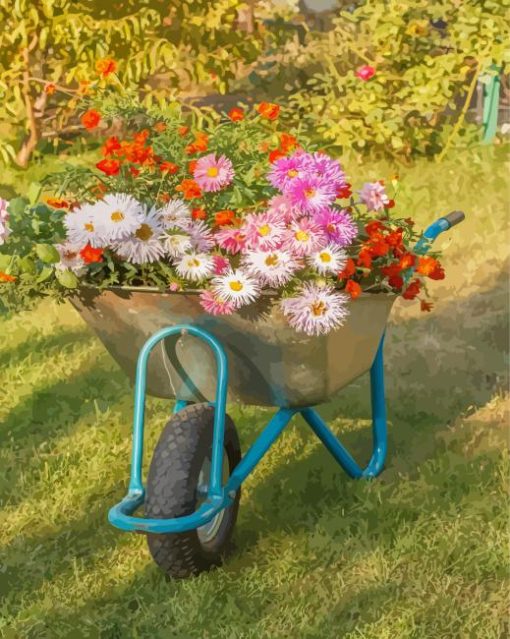 Cute Wheelbarrow With Flowers Diamond Paintings