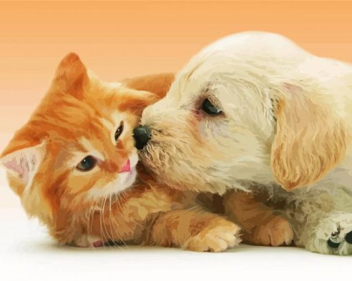 Cute Tabby Kitten And Golden Spaniel Puppy Diamond Paintings