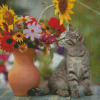 Grey Cat Smelling Flowers Diamond Paintings