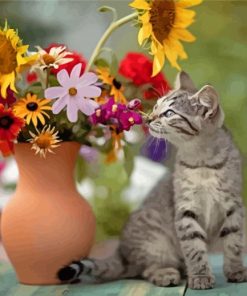 Grey Cat Smelling Flowers Diamond Paintings